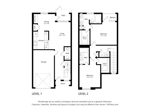 Floor plan for 2 beds, 2.5 baths, 1180 sqft